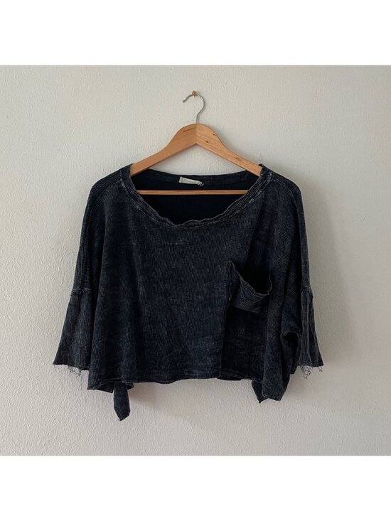 Tops - Rubbed Cotton Thermal Top Oversized Crop Tee